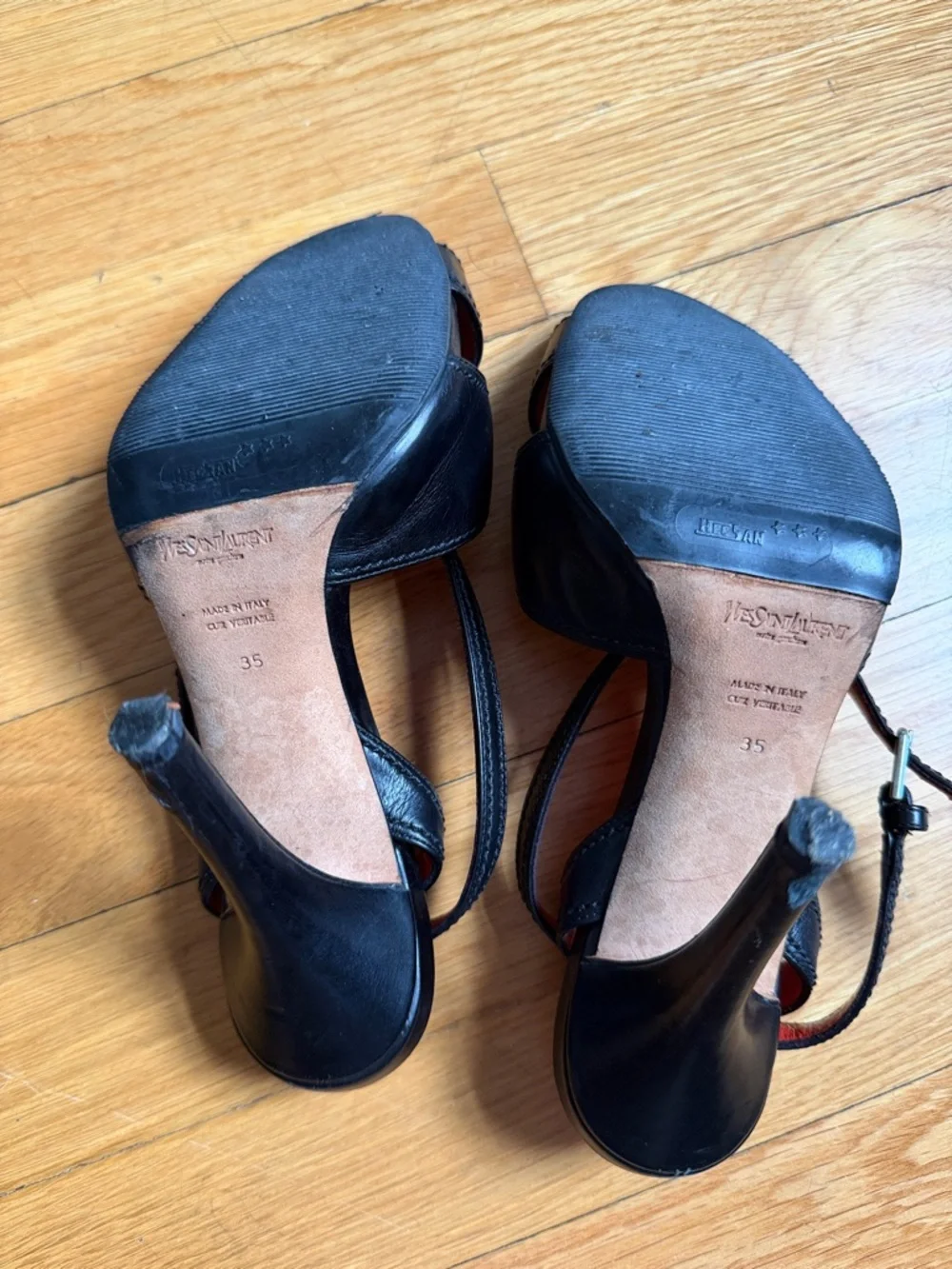 Saint Laurent Black Leather Crisscross Open-Toe Heels with Red Insole - Picture 3 of 6